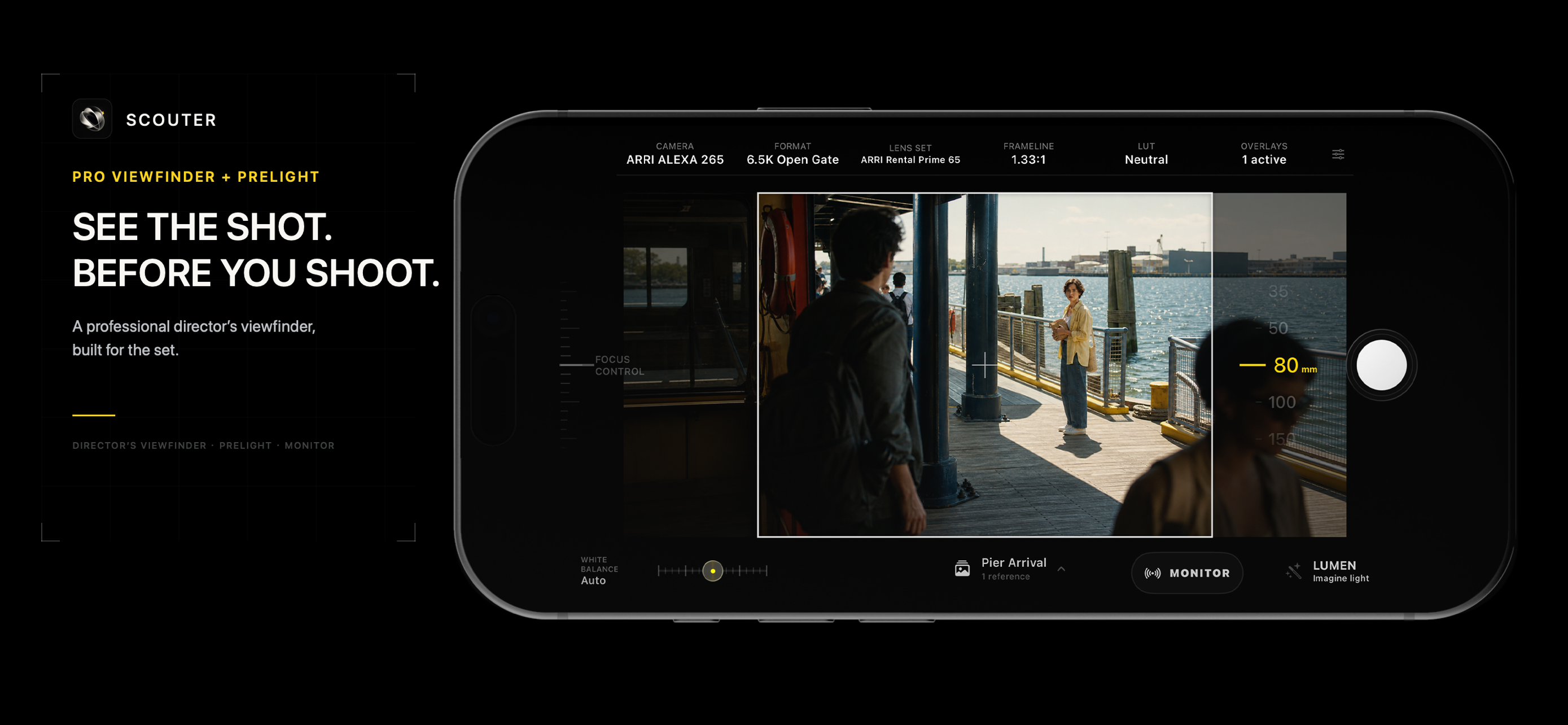 Scouter App Store screenshot showing the director’s viewfinder and framing controls